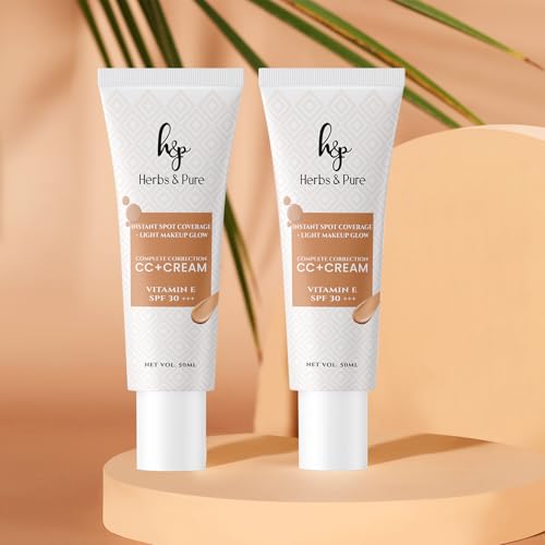 Image of Herbs & Pure CC+ Cream SPF30PA+++ with Vitamin E, Instant Spot Coverage, Light Makeup Glow, Tinted Moisturizer, Lightweight, Natural Coverage, Long Lasting, Evens Skin Tone, 50ml, Pack of 2