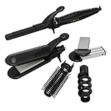 Salon Beauty 5-in-1 Dual-Voltage Multi Styler – Ceramic Travel Curling Wand, Crimper, Flat Iron & Brush Tool | Interchangeable Attachments for Straightening, Curling, Waves & Volume (110–240V)