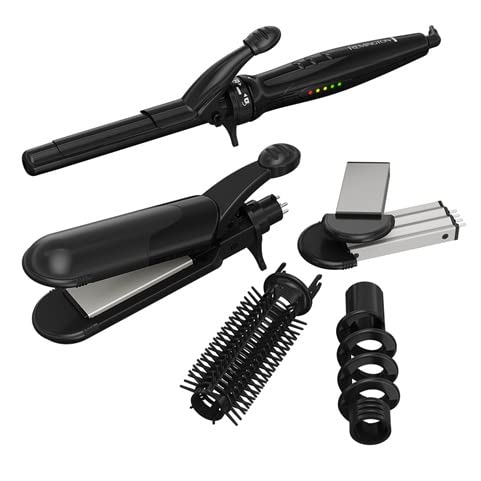 Salon Beauty 5-in-1 Dual-Voltage Multi Styler – Ceramic Travel Curling Wand, Crimper, Flat Iron & Brush Tool | Interchangeable Attachments for Straightening, Curling, Waves & Volume (110–240V)