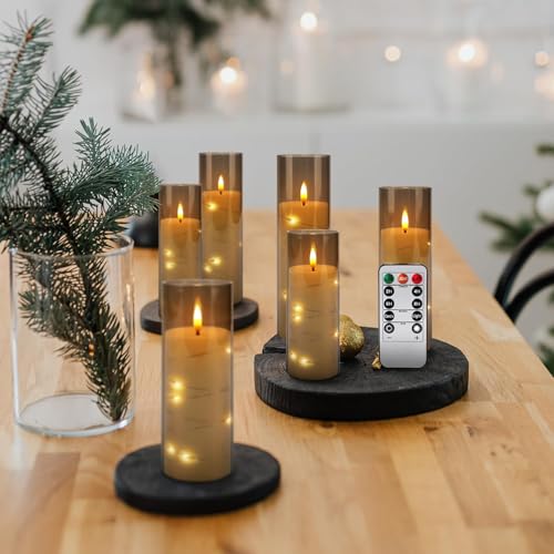 Image of 24-Pack Gray Flameless Candles with Remote, Battery Powered LED Candles with Embedded Star String Lights & Realistic Flickering Flame, Timer for Christmas Home Wedding Fireplace Mantle Decor