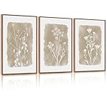 CHDITB Botanical Farmhouse Wall Art Set, Framed Boho Plant Wall Decor, Neutral Minimalist Floral Wall Painting, Rustic Wildflower Canvas Art Prints for Living Room, Bedroom, Bathroom - Large 16"x24"x3