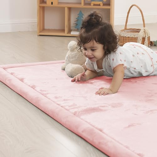 Image of 1.5 inch Thick Padded Baby Play Mat for Floor Tummy Time, Pro Soft Foam Activity Playroom Playmats, Easy Care with Non-Slip Safe for Infant Toddlers Crawling 71 inchx 79 inch (Pink)