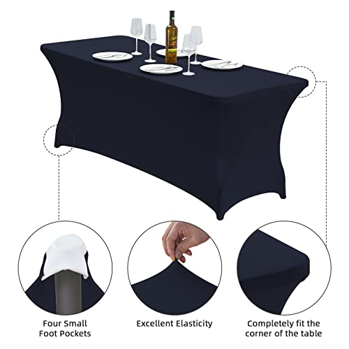 Image of CWK 6FT Waterproof Stretch Spandex Table Cover for Rectangular Tables - Elastic Fitted Tablecloth for Folding Tables,Wrinkle Resistant Table Cloth for Parties, Weddings, Banquets & Events (Navy Blue)