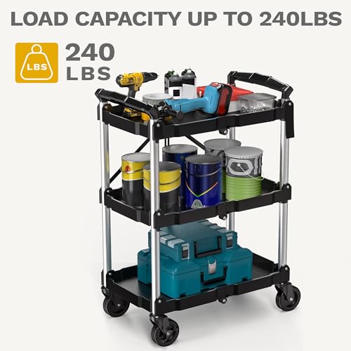 Image of DWVO 3-Tier Foldable Service Cart with Swivel Wheels & Brake, 240LBS | Folding Utility Cart Heavy Duty Collapsible Rolling Cart, 240LBS Portable Utility Cart for Kitchen, Warehouse, Garage