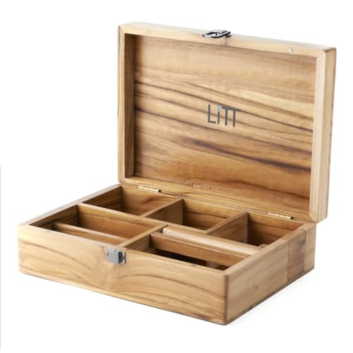LITT Portable Teak Wooden Stash Box - Rolling Storage Set with Tray, Accessory with Lid - Discreet Secure Storage - Handcrafted Compact Table Organiser (Without Lock)