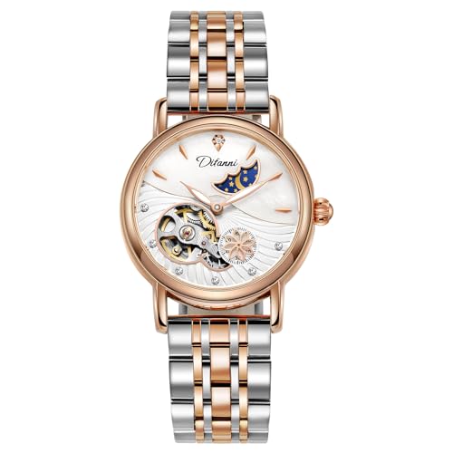 CARLIEN Womens Automatic Mechanical Stainless Steel Moonphase Watches Leather Strap Self-Winding Pearl Skeleton dial Waterproof Ladies Wristwatch, White 1-G, Fashion, Elegant, Business