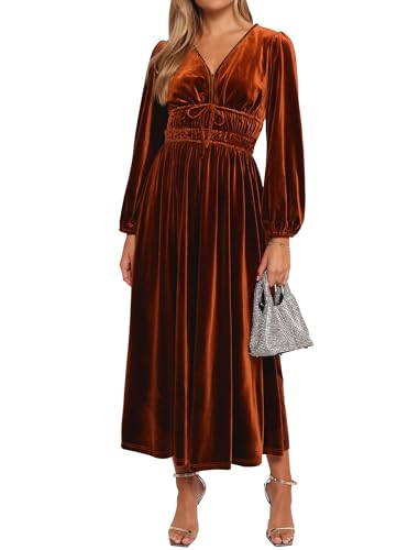 ZAFUL Womens Long Sleeve Velvet Dress 2025 Fall V Neck Holiday Cocktail Party Semi Formal Midi Dresses for Wedding Guest3