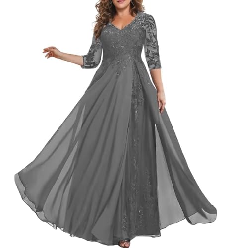 3/4 Sleeve Mother of The Bride Dresses for Wedding Chiffon Lace V-Neck Long Formal Evening Gowns