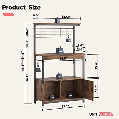 Bestier Bakers Racks With Storage Cabinet, Height-Adjustable 45" To 55" Microwave Stand For Kitchen With Wheels & Feet, Industrial Rolling Coffee Bar Shelf With 10 S-Hooks Rustic Brown #TOP5