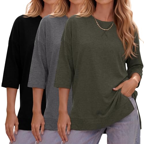 Huukeay 3 Pack 3/4 Length Sleeve Women's Tops Side Slit Tunic Loose Fit Round Neck Tee Shirt Ladies Casual Basic Fall Clothes