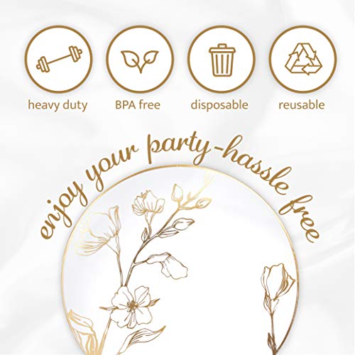 PLASTICPRO White Plastic Floral Design Party Plates With Gold Rim Premium heavyweight Elegant Disposable Tableware Dishes (120, 7'' INCH PLATES) by PLASTICPRO - Image 5