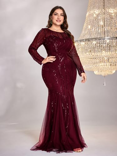 Image of Plus Size Long Sleeve Sequin Evening Dress Glitter Mermaid Long Gown for Mother of The Bride Or Wedding Guest