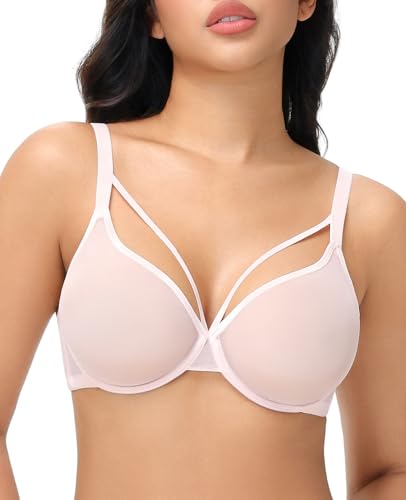 Upushall Sexy Bras for Women Sheer Plunge Unlined Mesh Comfortable Bra Pink