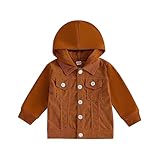SAYOO Toddler Baby Boy Hooded Jackets Color Block Long Sleeve Button Down Shirts Corduroy Casual Outwear Coat Fall Clothes (Brown, 12-18 Months)