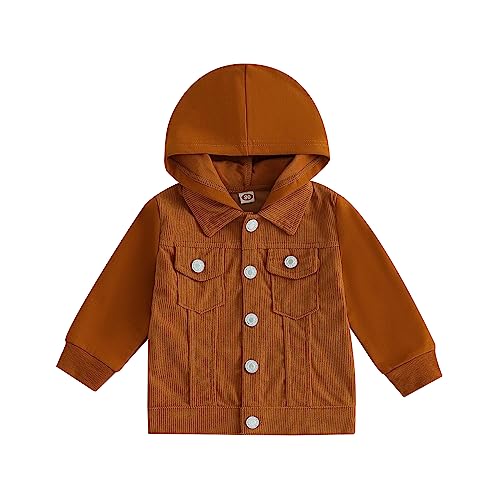 Lamuusaa Toddler Baby Boy Hooded Jacket Long Sleeve Button Down Shirts Tops Corduroy Casual Outwear Fall Clothes 6M-4T (Brown, 18-24 Months)