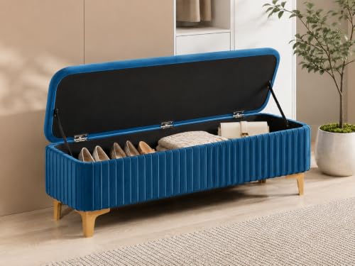 Image of LEGACY OF COMFORT Qwen Velvet Upholstered Flip Top Storage Bench 2 Seater Sofa Upholstered Ottoman Bench with Storage for Living Room, Bedroom (Blue)