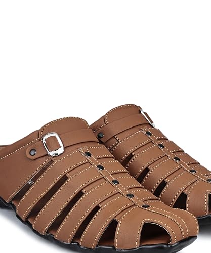 Image of Men's Fashion Sandals - Comfortable Fisherman, Premium PU Padding, Synthetic Leather, Closed-Toe Summer Outdoor Sandals, Tan - Stylish and Durable Footwear