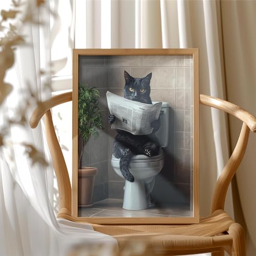 Image of Cat Black on Toilet Wood Framed Wall Art Print Poster, Dog Bathroom Humor Decor Posters Prints for Restroom Home Picture Painting Artwork Gallery 7 (Cat Black, 11 inchW x 14 inchL, Wood Frame)
