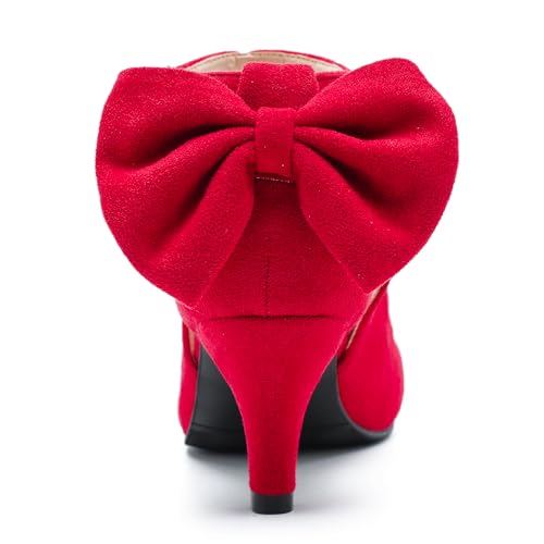 Enelauge Women's Mary Jane Bow Closed Toe Vintage Pumps Low Kitten Heel Retro Ankle Strap Buckle Comfortable Vintage Wedding Evening Party Dress Office Work Church Shoes3