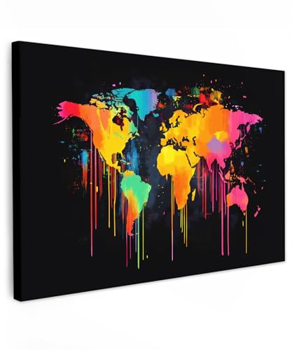 MuchoWow© Impressions sur Toile 120x80 cm Deco Tableau Murale Decoration Salon Peinture Tableaux Chambre Toiles Maison Carte du monde - Peinture - Coloré - Graffiti -...