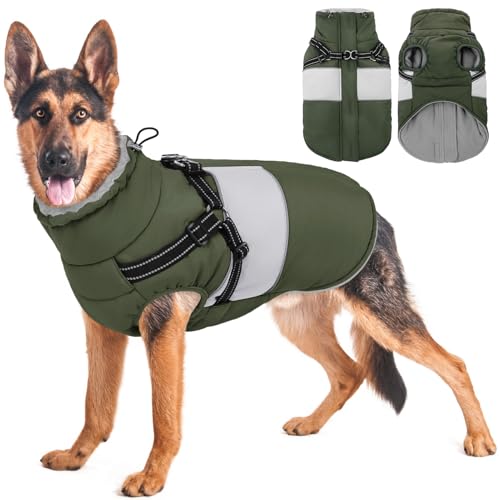 AOFITEE Hundejacke Große Hunde, Wasserdicht Winter Hundemantel mit Geschirr für große Hunde, Warme Hundemantel Hunter Fleece Wintermäntel Hundekleidung Schneeanzug für Französische Bulldogge, Grün L