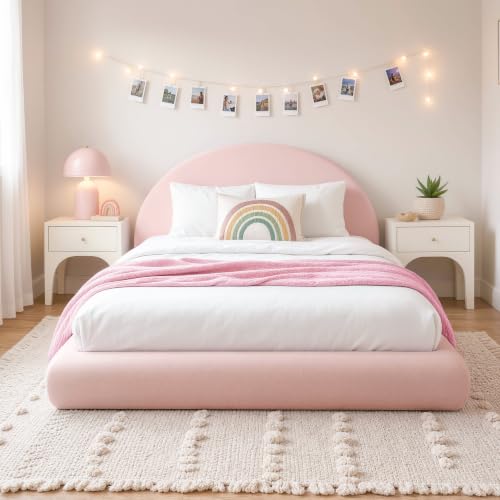 Image of RECCI AirFrame Half-Moon Upholstered Queen Platform Bed Frame | Velvet Curved Arched Base, 6-Inch Thickness Headboard, 5 Inch Fully Round Cushioned Foam, No Box Spring Needed, Easy Assembly