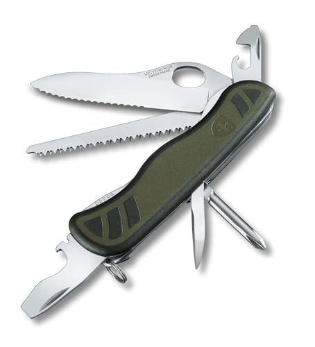 Victorinox Schweizer Taschenmesser Trailfinder, Soldatenmesser, 10 Funktionen, Multitool mit Einhandklinge, Dosenöffner, Schraubendreher, Grün/Schwarz