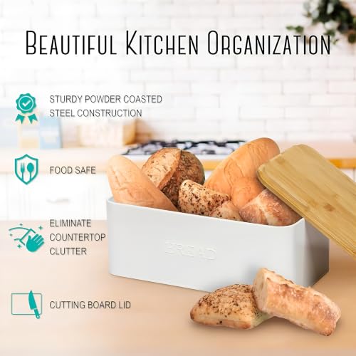 Image of Bread Box with Handle Lid | Bread Storage Box for Kitchen | Bread Dispenser Box | Food Grade Storage Box for Kitchen, Ivory, Metal
