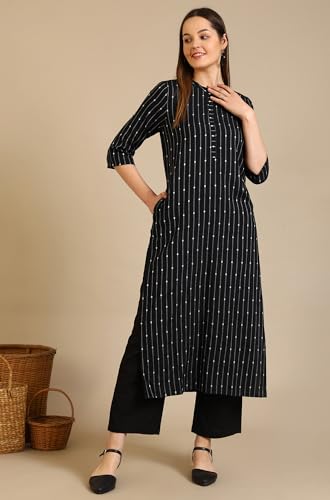 Image of Aurelia Women's Black Yarn Dyed Striped Straight Kurta