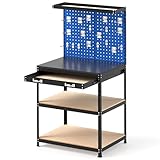 HOMFME Garage Work Bench with Pegboards, Metal Tool Workbench with Shelves, Drawer, 19 Hanging Accessories, Heavy-duty Tool Storage Workstation for Workshop Home, 290kg Capacity (Navy, 81x41x156cm)