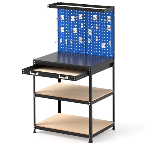 HOMFME Garage Work Bench with Pegboards, Metal Tool Workbench with Shelves, Drawer, 19 Hanging Accessories, Heavy-duty Tool Storage Workstation for Workshop Home, 290kg Capacity (Navy, 81x41x156cm)