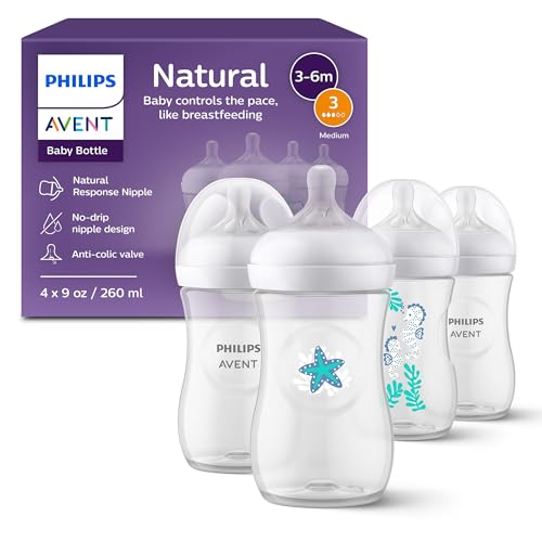Philips Avent Natural Baby Bottles with Natural Response Nipples (Medium Flow, Flow 3), with Seahorse and Starfish Design, 9oz, 4-Pack, SCY903/68
