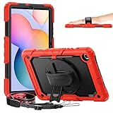 Timecity Case for Samsung Galaxy Tab S6 Lite 10.4 2024/2020/2022 (SM-P620/P625/P613/P619), Shockproof Protective Case with Screen Protector, 360° Rotating Stand, Hand Strap for Tab S6 Lite 10.4'', Red