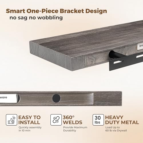 Image of Floating Shelves for Wall, 24in Reclaimed Elm Wood Shelves, Grey, 2PCs | 8in Deepth Rustic Solid Elm Wood Shelves for Storage, Wall Display Shelving, Invisible Metal Bracket