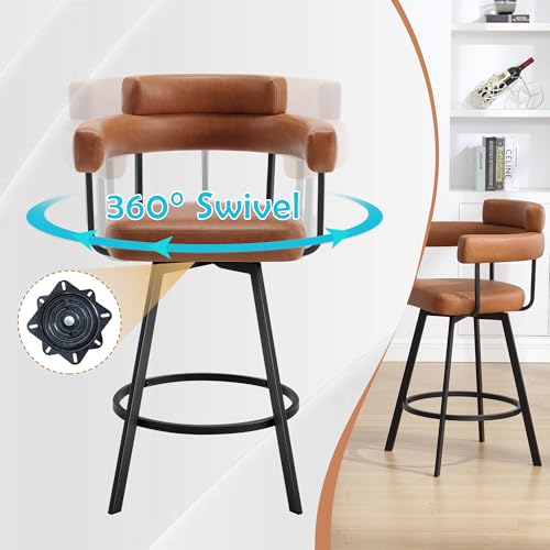 Butacos giratorios de estilo mid-century modern, altura de barra (26 pulgadas), cuero sintético marrón, respaldo abierto envolvente, patas metálicas, pedal anular, para isla de cocina y bar en casa — Set de 2 miniatura 4