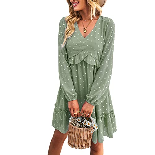 Generic Kvinnor med Långa ärmar Avslappnad Klänning, Storleken på Spets Midja i Tvättbar Hals Dot V Hudklänning Lämplig för Dejting (M)