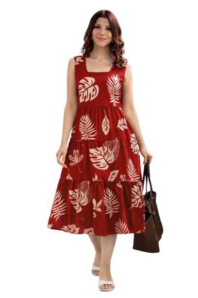 Image of Women's Maroon Tropical Print Sleeveless Midi Dress - Casual Tiered A-Line Fit & Flare Dress for Summer, Vacation, Beach, Party