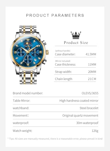 Image of OLEVS Chronograph Watches for Men Original Analog Quartz Black Stainless Steel Chain Luxury Dual Time Zone Moon Phase Date Waterproof Men's Wrist Watch