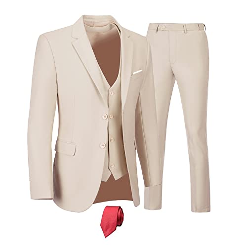 Image of Furuyal Men's Suits 3 Piece Slim Fit Suit Set,Two Button Wedding Business Tuxedo Solid Blazer Jacket Vest Pants with Tie