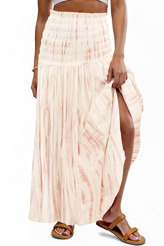 LUXVEER Women's Smocked Floral Maxi Skirts 2025 Summer Strapless Tube Dresses Flowy Boho Long A line Pleated Beach Vacation Skirt White