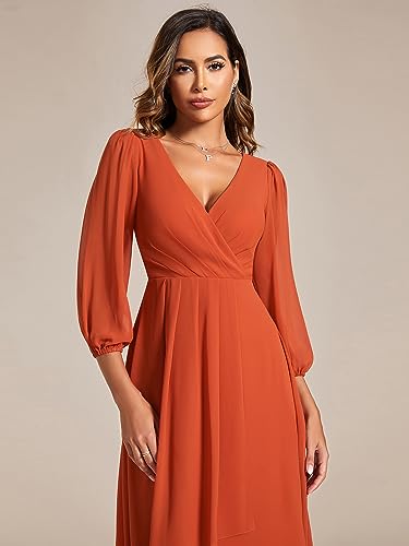 Image of Ever-Pretty Women's Chiffon V Neck Long Sleeves A-Line Midi Length Wedding Guest Dress Cocktail Party Formal Dresses 01926