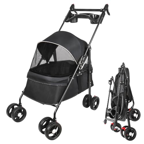 Homewell Klappbarer Haustierwagen mit Getränkehalter, Hundewagen & Katzenwagen, Leicht & Bequem mit Sicherheitsgurt, Atmungsaktiv, Stauraum, bis 20kg (Schwarz)