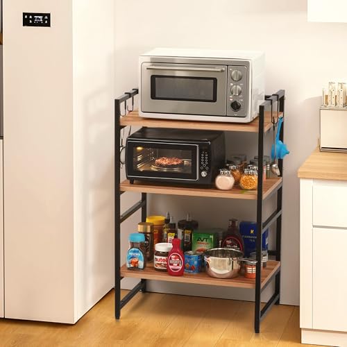 Livzing Wooden 3 Tier Microwave Oven Stand with 4 Hooks for Kitch...