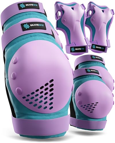 Image of SKATEWIZ Knee Pads Skateboarding Elbow Pads - Wrist Guards - Smash - Size M /L in Blue Purple - Kids Skate Pads - Skateboard Pads for Kids 8-14