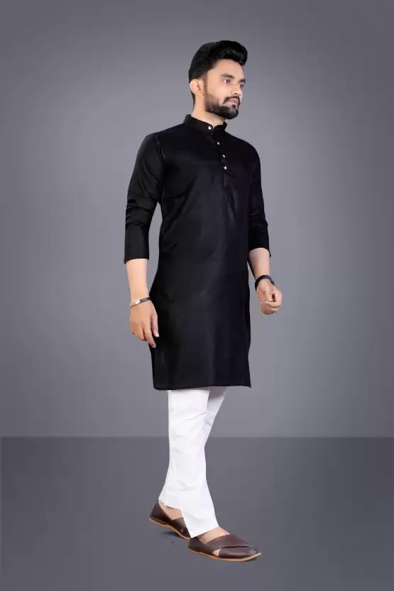 Image of weltpocket Men's Cotton Blend Solid Straight Kurta Pyjama