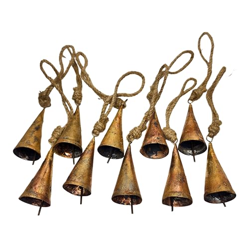 BELLUXE 7 cm Big Vintage Rustic Lucky Tin Metal Cow Bells Handmade Christmas Décor Bells on Jute Rope (10 Pieces, Cone)
