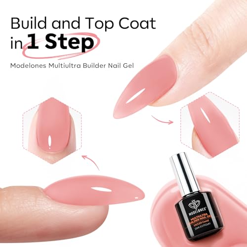 Image of modelones Builder Nail Gel, Peach Pink Builder for Nails No Top Coat Needed, Glossy Jelly Finish Peach Blush, No-Wipe, C-Curve Sculpting, 9-in-One LED Lamp Cured Color Gel Polish for Quick Diy Salon