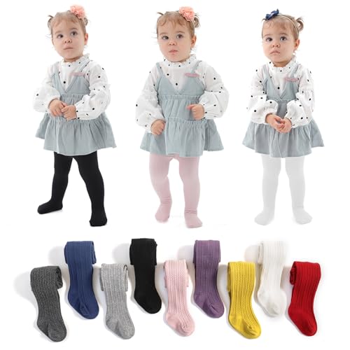 Image of EPEIUS Baby Girl Tights Cable Knit Cotton Seamless Footed Leggings 0-6Y | STAY-UP BABY TIGHTS. High elastic waist, smooth toe. Fits 0-3m newborn, infant & toddler. Ideal for daily wear & dresses.