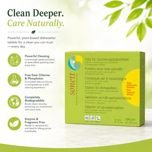 Image of Sonett Organic Dishwasher Tablets, 25 Count deep clean dish tab fresh scent (17 fl oz)