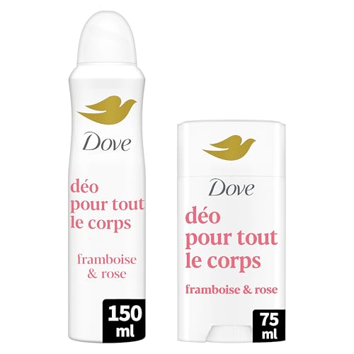 Lot de 2 Déodorants pour Tout le Corps - Framboise & Rose - Anti Odeurs et Traces Blanches - Conçu pour les Peaux Sensibles - 1 Spray 150ml & 1 Stick 75ml